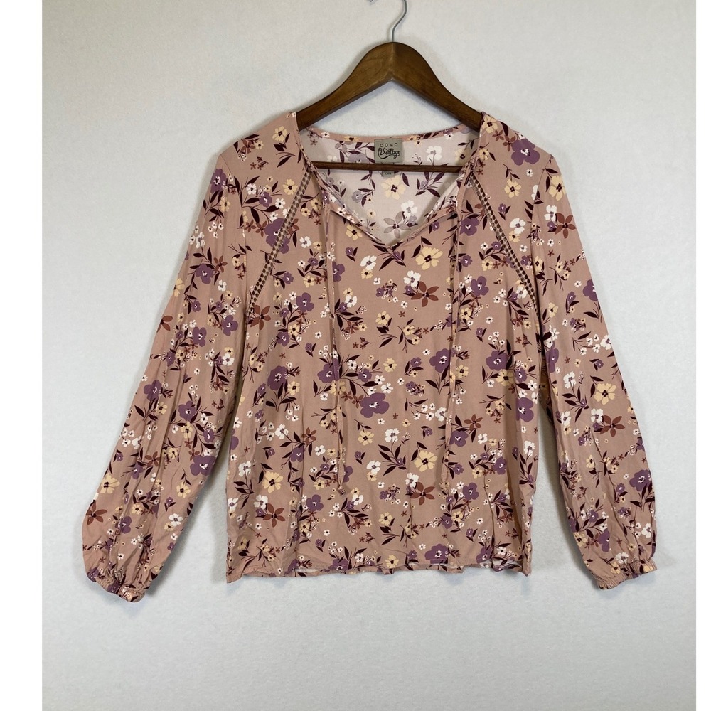 Boho Cottagecore Como Vintage Women Large Pink Floral Rayon Tie Neck Blouse Top
